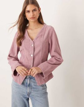 ASOS DESIGN ASOS DESIGN long sleeve corduroy top with cinched waist-pink