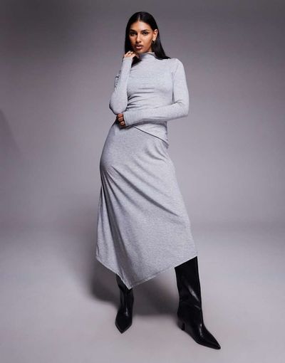 ASOS DESIGN ASOS DESIGN long sleeve double layer handkerchief hem midi dress in heather gray