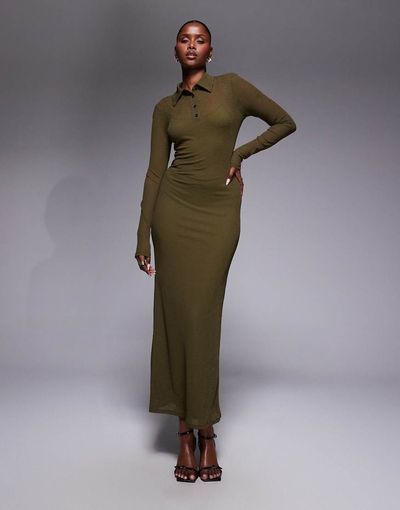 ASOS DESIGN ASOS DESIGN long sleeve double layer maxi dress in dark olive-Green