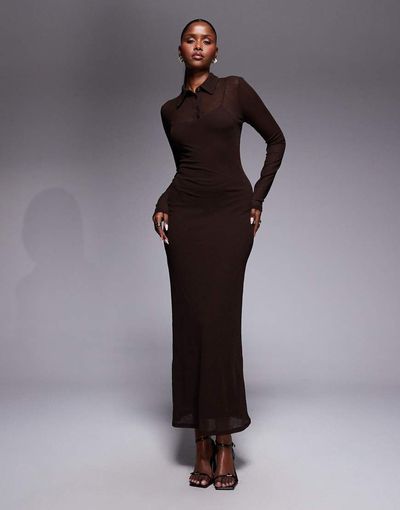 ASOS DESIGN ASOS DESIGN long sleeve double layer midaxi dress in mole brown