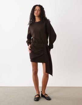 ASOS DESIGN ASOS DESIGN long sleeve draped waist midi dress in brown