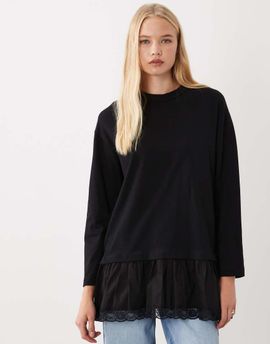 ASOS DESIGN ASOS DESIGN long sleeve lace trim long T-shirt in black