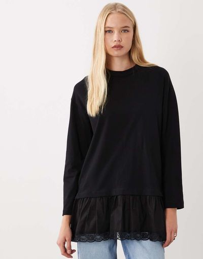 ASOS DESIGN ASOS DESIGN long sleeve lace trim long T-shirt in black