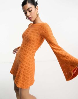 ASOS DESIGN ASOS DESIGN long sleeve mini crochet dress with flare cuff in orange