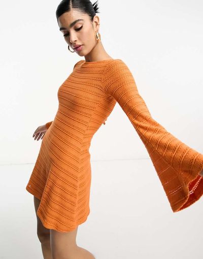 ASOS DESIGN ASOS DESIGN long sleeve mini crochet dress with flare cuff in orange