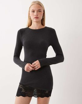 ASOS DESIGN ASOS DESIGN long sleeve mini dress with lace trim in black-Brown