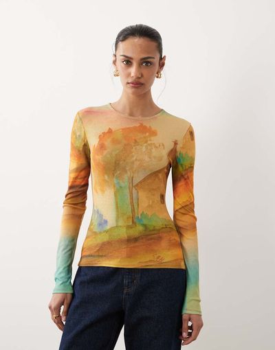 ASOS DESIGN ASOS DESIGN long sleeve onion skin top with print-Multi