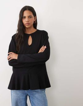 ASOS DESIGN ASOS DESIGN long sleeve peplum keyhole detail T-shirt in black