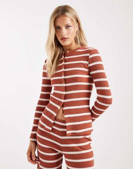 ASOS DESIGN ASOS DESIGN long sleeve ribbed cardigan in rust and white stripe - part of a set-Multi