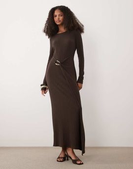 ASOS DESIGN ASOS DESIGN long sleeve ribbed midi dress with hardware wrap detail in chocolate-Brown