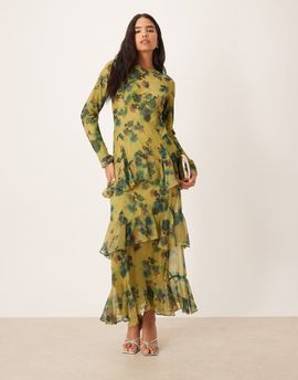 ASOS DESIGN ASOS DESIGN long sleeve ruffle chiffon maxi dress in green floral-Multi