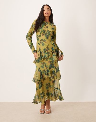 ASOS DESIGN ASOS DESIGN long sleeve ruffle chiffon maxi dress in green floral-Multi
