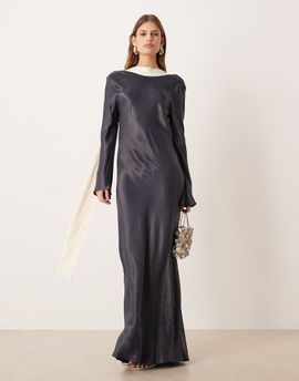 ASOS DESIGN ASOS DESIGN long sleeve satin maxi dress with scarf in tbc-Multi
