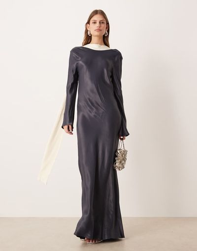 ASOS DESIGN ASOS DESIGN long sleeve satin maxi dress with scarf in tbc-Multi