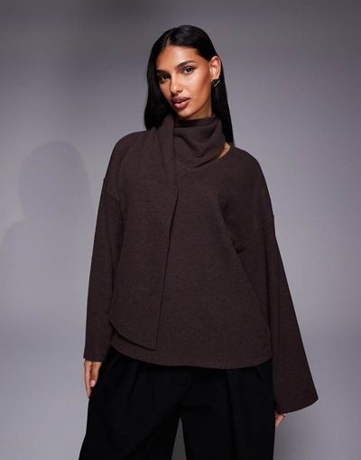 ASOS DESIGN ASOS DESIGN long sleeve scarf detail top in brown-Gray