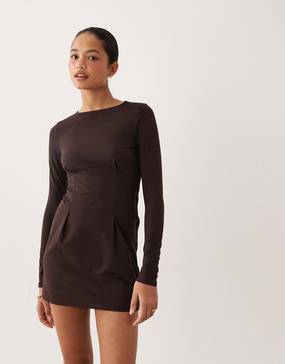 Asos Design Long Sleeve Seam Detail Mini Dress In Chocolate Brown