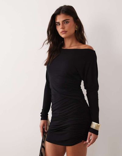ASOS DESIGN ASOS DESIGN long sleeve slash neck mini dress with asymmetric ruched side in black