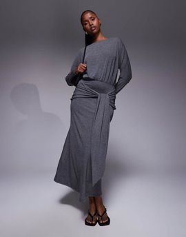 ASOS DESIGN ASOS DESIGN long sleeve slash neck tie blouson front maxi dress in charcoal-Gray
