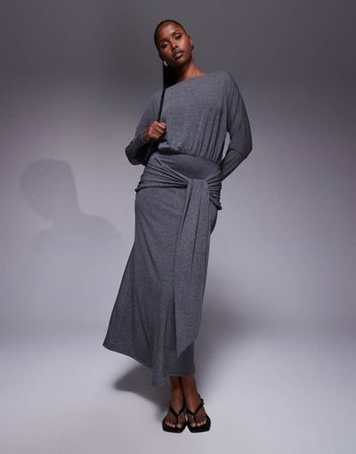 ASOS DESIGN ASOS DESIGN long sleeve slash neck tie blouson front maxi dress in charcoal-Gray