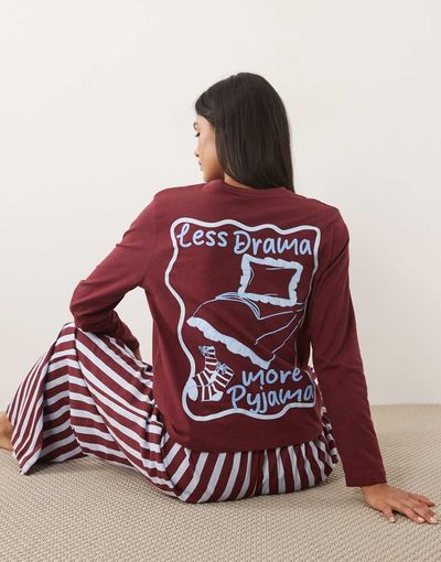 ASOS DESIGN ASOS DESIGN long sleeve top and wide leg pants pajama set with 'less drama more pyjama' graphic-Multi