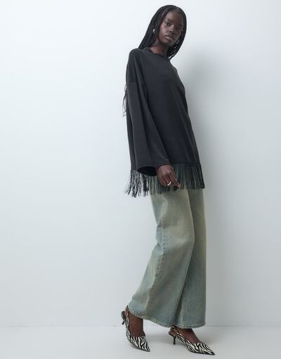 ASOS DESIGN ASOS DESIGN long sleeve washed fringe trim skate t-shirt in black