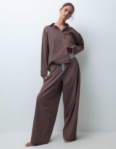 ASOS DESIGN ASOS DESIGN long sleeve woven pyjama set in brown check print