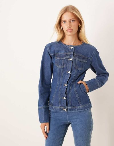 ASOS DESIGN ASOS DESIGN longline collarless denim jacket with cinched waist in mid blue
