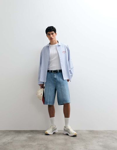 ASOS DESIGN ASOS DESIGN loose longer length jorts with pintucks in mid wash blue