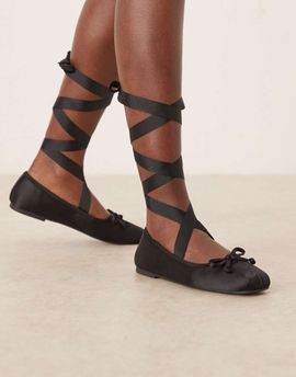 ASOS DESIGN ASOS DESIGN Lorene bow detail tie leg ballet flats in black satin