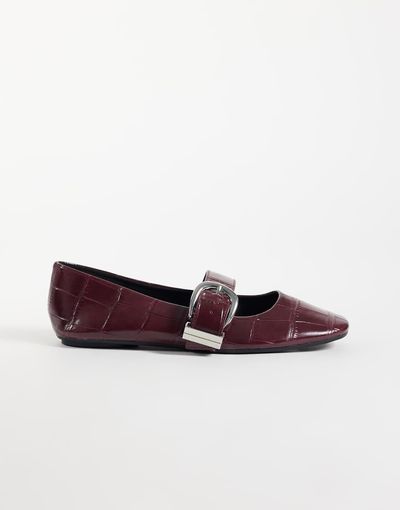 Asos Design Lotus Buckle Detail Mary Jane Ballet Flats In Plum Croc-Purple