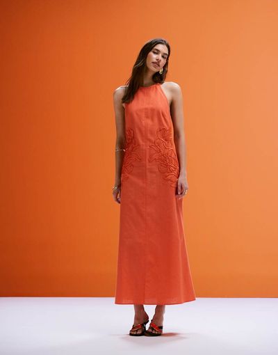 ASOS DESIGN ASOS DESIGN low back halter midi dress with waist embroidery in orange