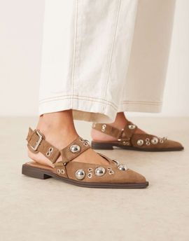 ASOS DESIGN ASOS DESIGN Luxor studded mary jane ballet flats in sand suedette-Neutral