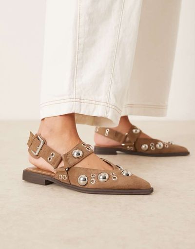 ASOS DESIGN ASOS DESIGN Luxor studded mary jane ballet flats in sand suedette-Neutral