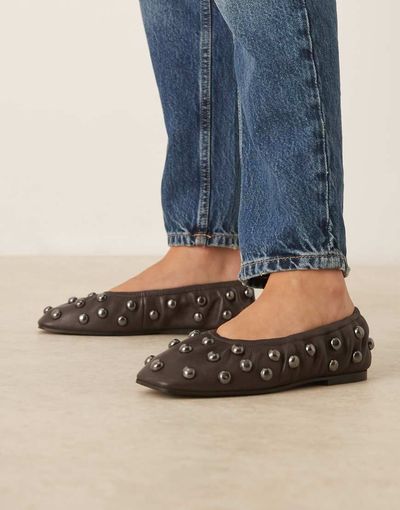 ASOS DESIGN ASOS DESIGN Lyle premium studded scrunch ballet flats in brown leather