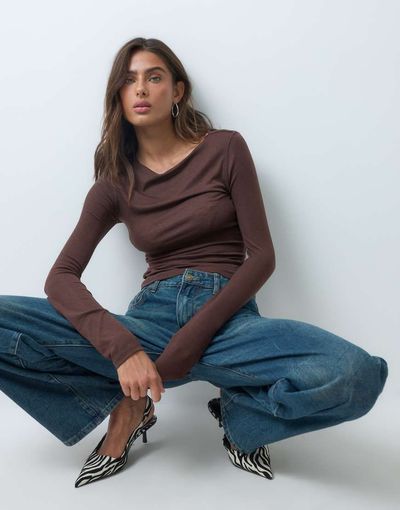 ASOS DESIGN ASOS DESIGN lyocell blend boat neck long sleeve top in chocolate-Brown