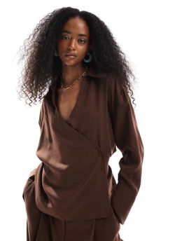 ASOS DESIGN ASOS DESIGN lyocell wrap tie detail shirt in chocolate - part of a set-Brown