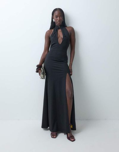 ASOS DESIGN ASOS DESIGN mandarin collar sleeveless maxi dress with embellished clasp in black