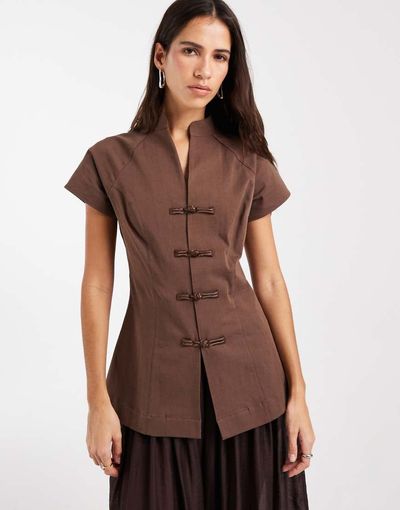 ASOS DESIGN ASOS DESIGN mandarin colllar cap sleeve blouse in brown - part of a set