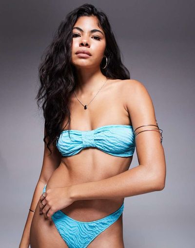 ASOS DESIGN ASOS DESIGN Maria textured knot front bandeau bikini top in turquoise-Blue