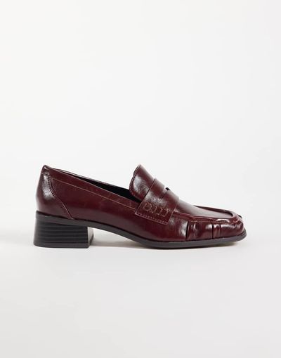 ASOS DESIGN ASOS DESIGN Marisol ruched round toe heeled loafers in burgundy-Red