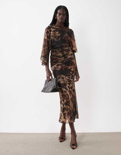ASOS DESIGN ASOS DESIGN maxi chiffon dress with asym sleeves in dark animal print-MULTI