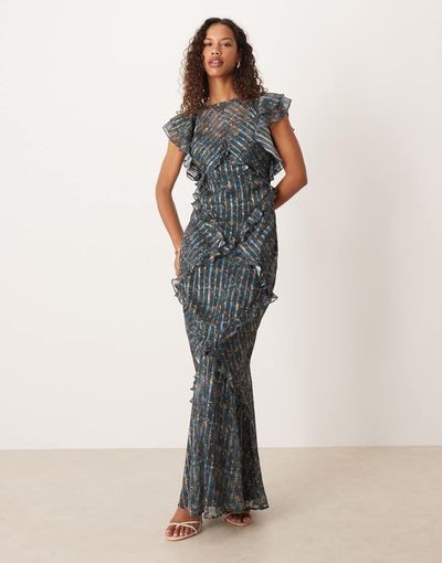 ASOS DESIGN ASOS DESIGN maxi dress with frill body detailing in blue floral print-Multi