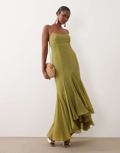 ASOS DESIGN ASOS DESIGN maxi dress with high-low volume hem in olive-Green