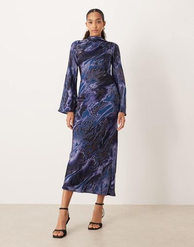 ASOS DESIGN ASOS DESIGN maxi dress with scarf detail in black and blue abstract print-Multi