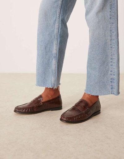 ASOS DESIGN ASOS DESIGN Mayfair premium ruched loafers in chocolate croc emboss leather-Brown