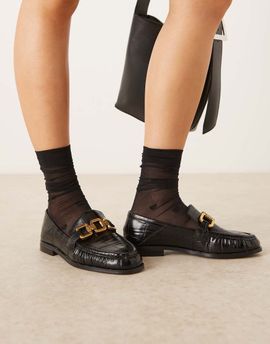 ASOS DESIGN ASOS DESIGN Melrose chain detail ruched loafers in black croc
