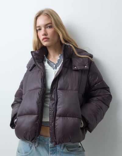 ASOS DESIGN ASOS DESIGN mercerized short hooded padded jacket in choc plum-Brown