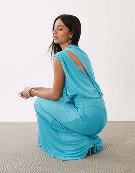 ASOS DESIGN ASOS DESIGN mesh asymmetric cap sleeve blouson bodice maxi dress in turquoise-Blue