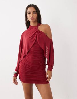 ASOS DESIGN ASOS DESIGN mesh asymmetric ruched mini dress with batwing sleeve in wine-RED