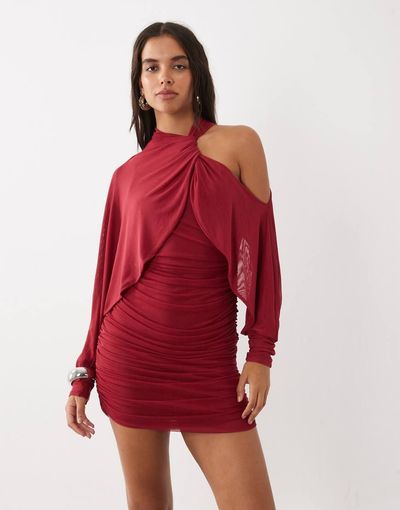ASOS DESIGN ASOS DESIGN mesh asymmetric ruched mini dress with batwing sleeve in wine-RED